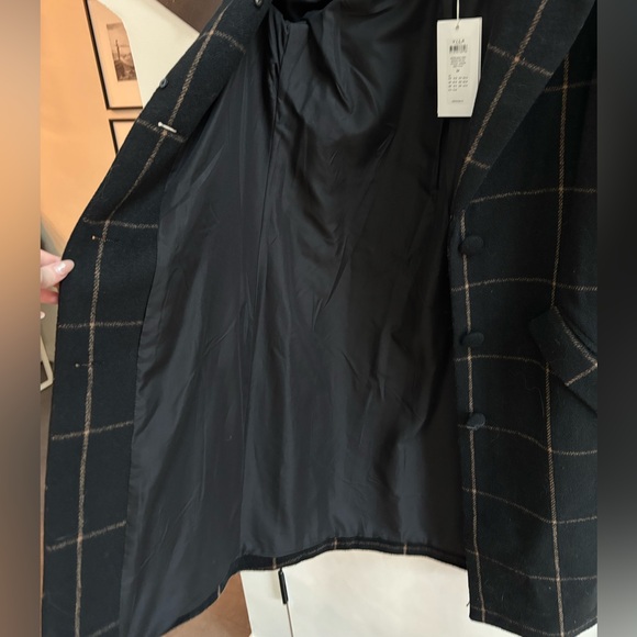 VILA Black Checkered Trench Coat black and tan 34 - Picture 5 of 5